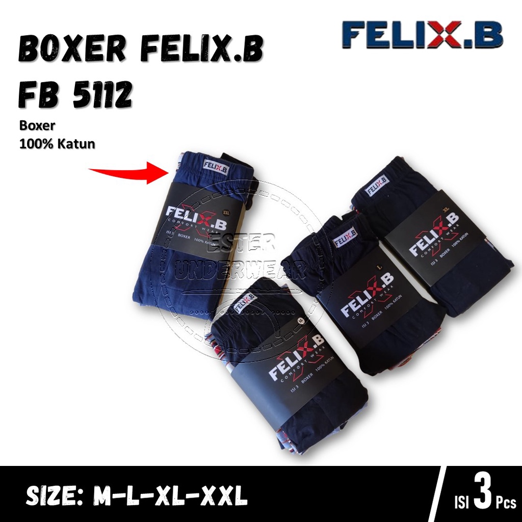 Felix.B Celana Boxer Pria FB 5112 ISI 3Pcs Motif Polos