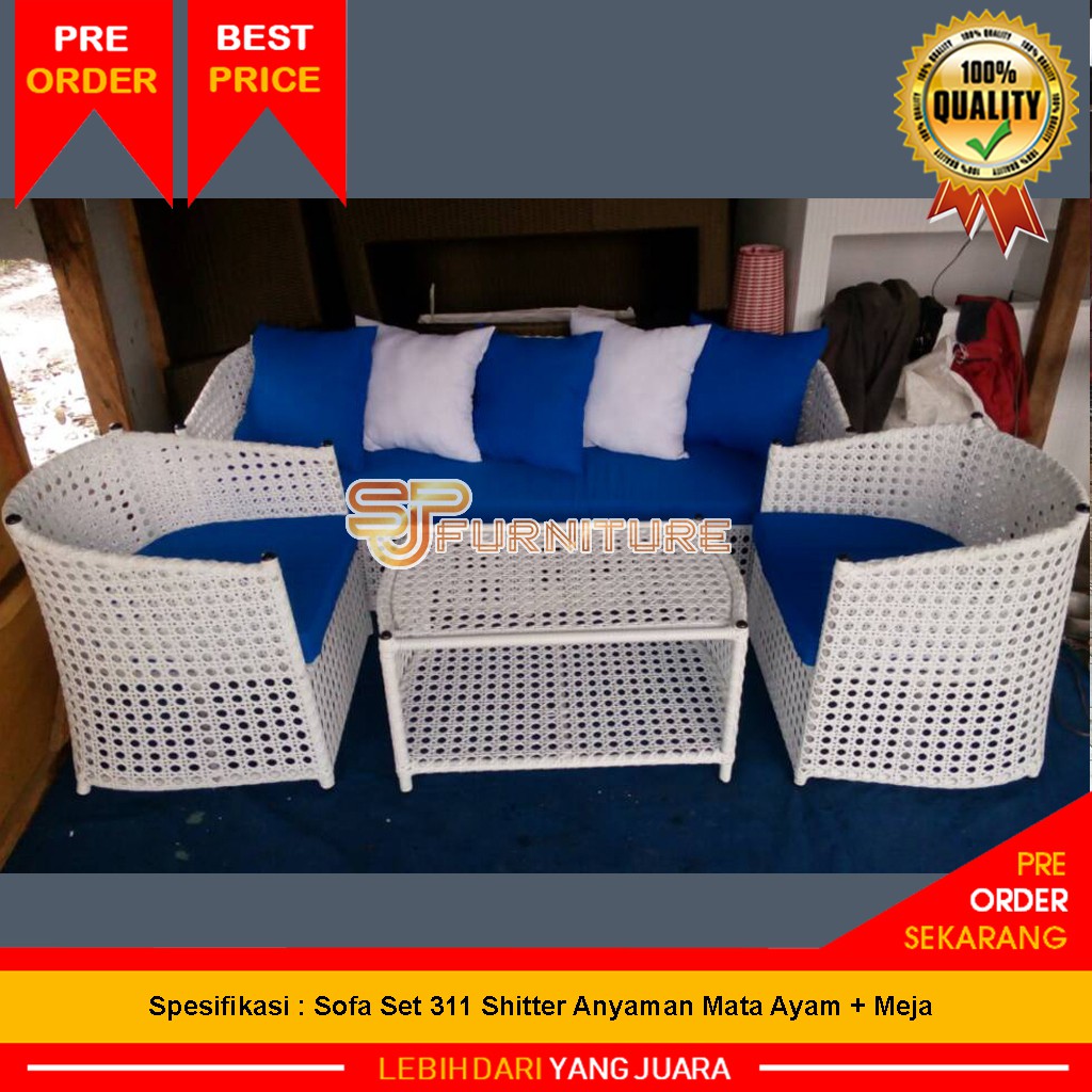 Sofa Set Ruang Tamu Rotan Sintetis [Rangka Besi] Anyaman Mata Ayam 311+Meja (Custom Warna)