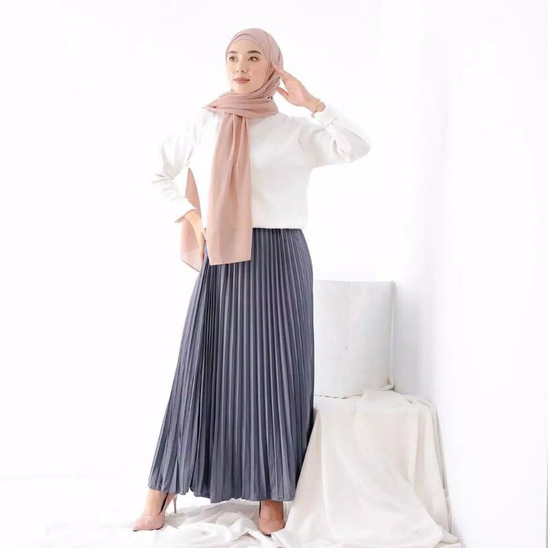 Rok Plisket Premium Jumbo Mayung | Rok Plisket Hitam Putih Army Milo Grey | Rok Plisket Wanita Jumbo