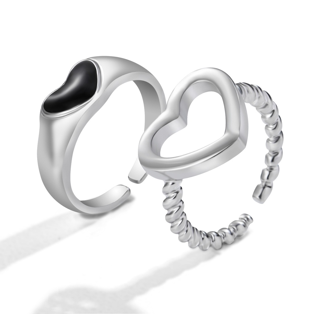 2pcs Hollow Love Heart Opening Adjustable Ring Set Fashion Couple Ring