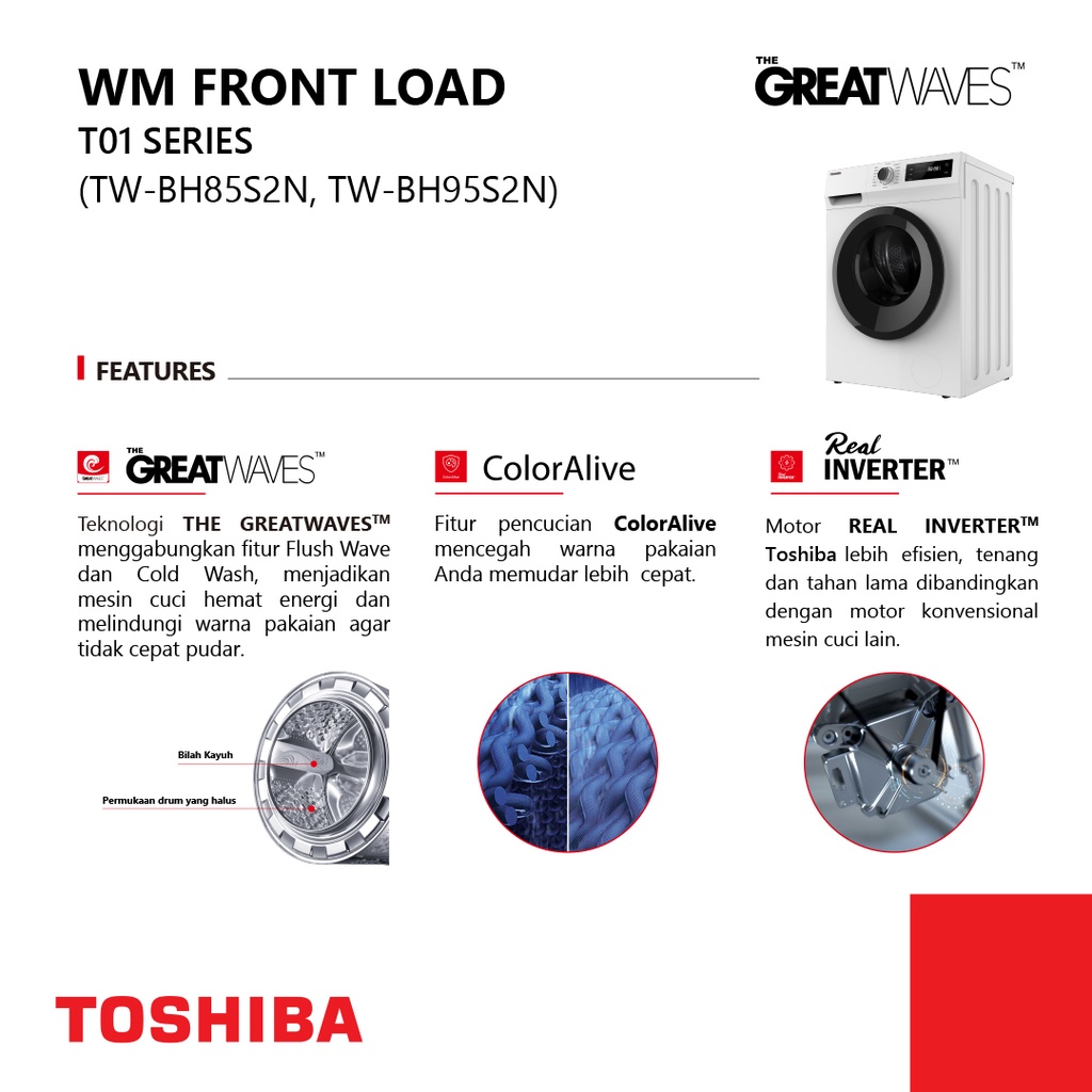 MESIN CUCI FRONT LOADING TOSHIBA KAPASITAS 7,5 KG TW-BH85S2N / TWBH85S2N INVERTER GARANSI RESMI (MEDAN)