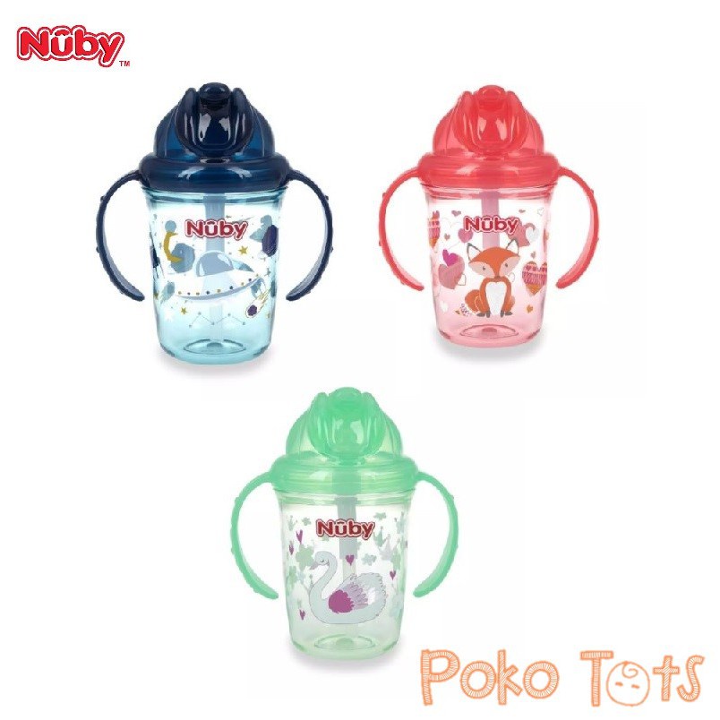 Nuby Tritan Flip It Glitter 240ml Twin Handle With Straw Botol Minum Sedotan WHS