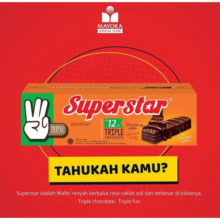 

SUPERSTAR WAFER TRIPLE CHOCOLATE SNACK MAKANAN RINGAN BISKUIT KRIM COKLAT (1 BOX ISI 12 PCS)