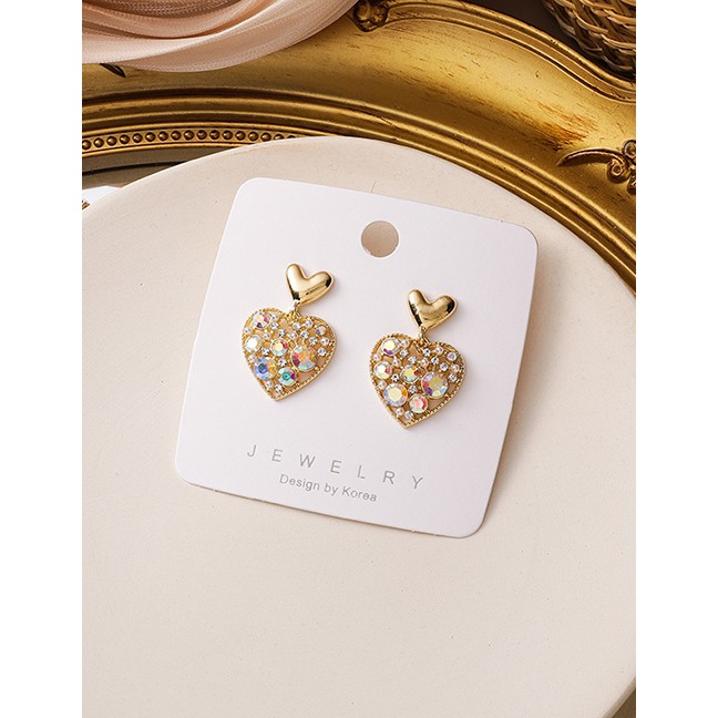 LRC Anting Tusuk Fashion Gold Color Diamond Pearl Love Heart Alloy Hollow P48289