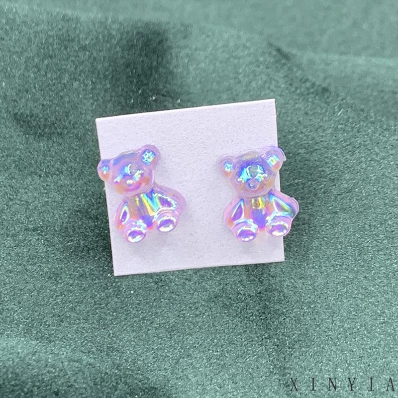 Anting Stud Mini Bentuk Beruang Warna-Warni Bahan Akrilik Untuk Wanita