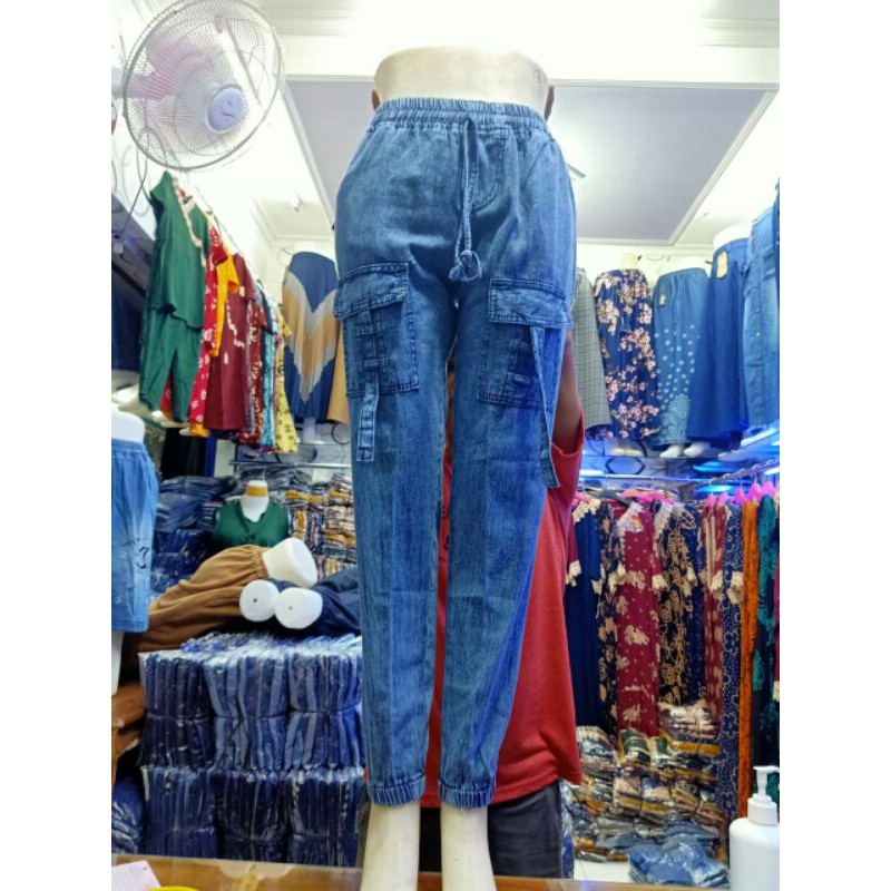 Celana Wanita Agnes Cargo Joger Snow - Shoft Jeans (Standar BB 40-60 kg dan Jumbo BB 60-80 kg)