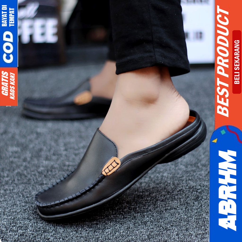 Abrhm Azura - Sepatu Sandal Pria Casual Kulit Asli Bustong Hitam