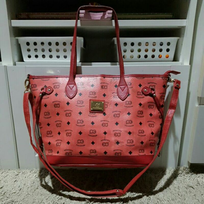 Preloved Tote bag shoulder & sling kulit merah motif Paolo Gomes Korea