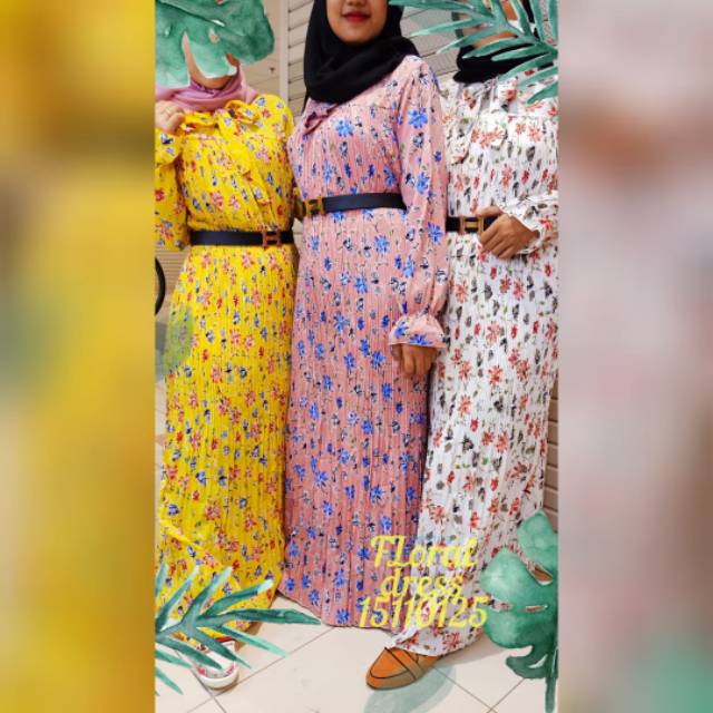 Gamis Plisket Motif Bunga Kecil Real Picture