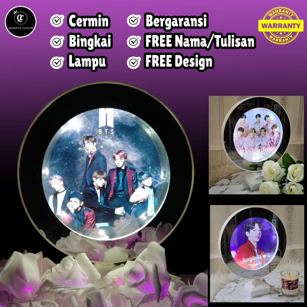 Cermin Custom Hadiah / Kado Foto KPOP BTS + Bingkai Foto + Lampu Kamar Tidur Meja Dekorasi Moonlight
