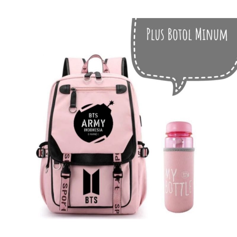 TAS RANSEL BACKPACK BTS + BOTOL MINUM BT21 ARMY CEWEK PEREMPUAN KADO HADIAH PINK HITAM BESAR TAS LAPTOP