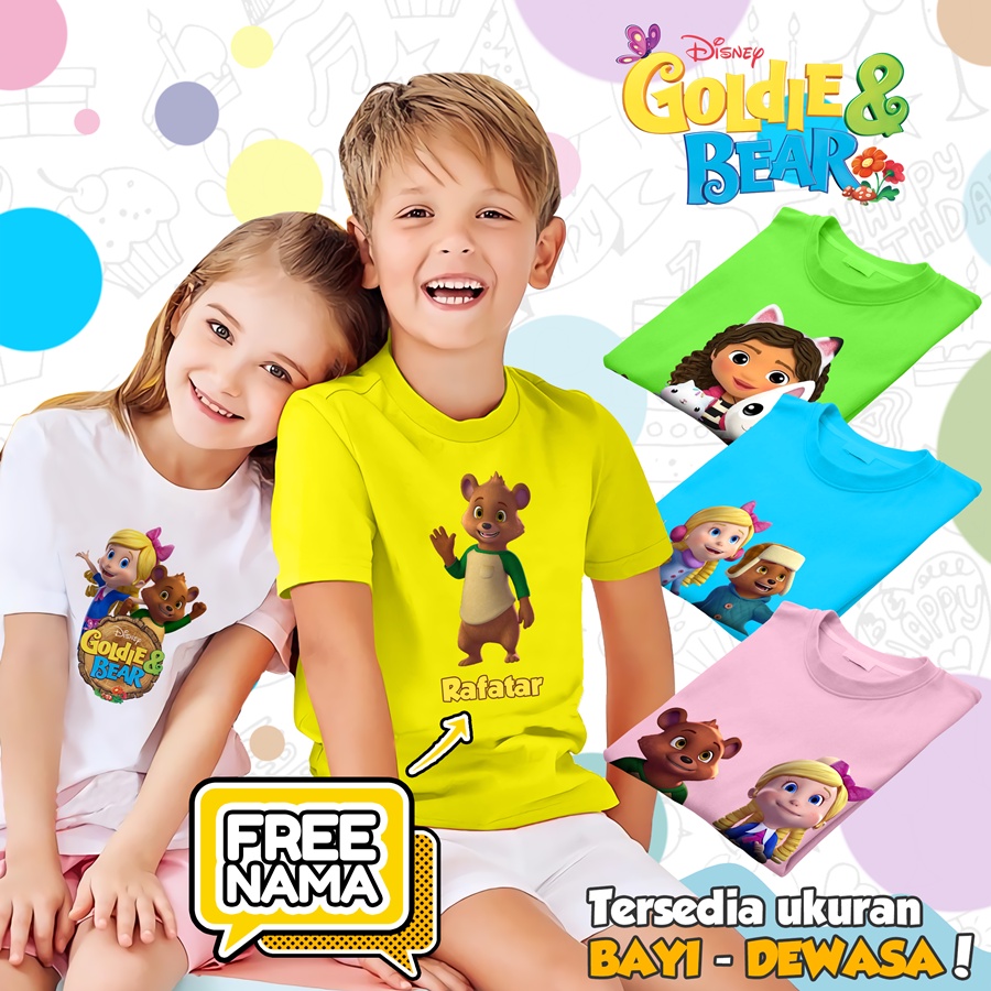 [FREE NAMA] Baju Kaos COUPLE  ANAK DAN DEWASA GOLDIE AND BEAR BANYAK MOTIF