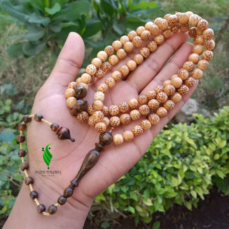 Tasbih Kayu Liwung Putih/Nibung Kepala Kayu Tesek Sulaiman Size 9mm ORIGINAL!!