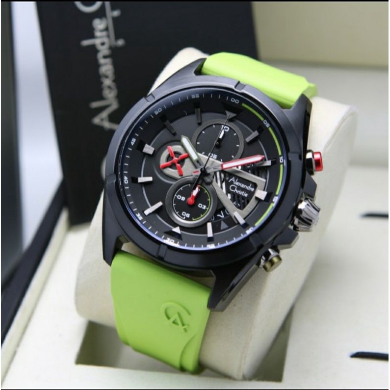 ORIGINAL GARANSI RESMI JAM TANGAN PRIA ALEXANDRE CHRISTIE SOFT GREEN BLACK RUBBER STRAP COWOK ARLOJI
