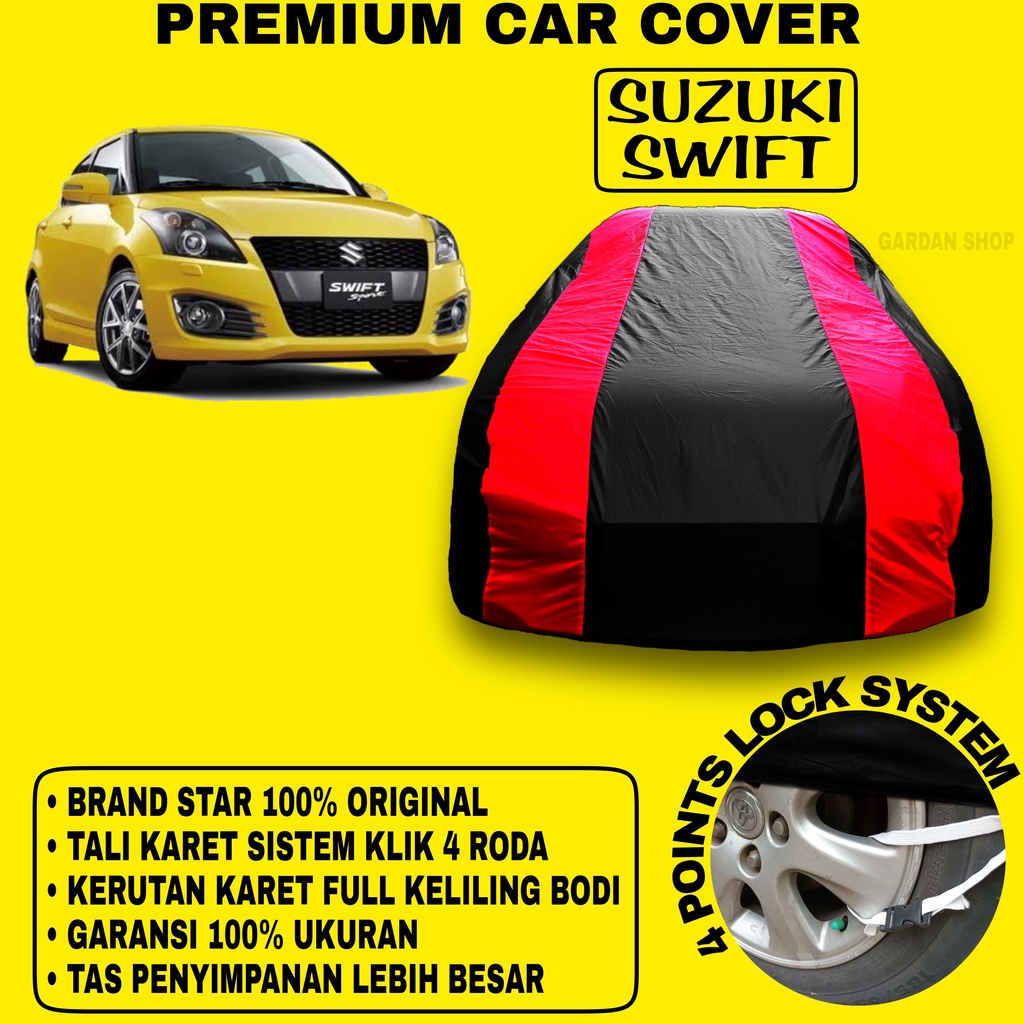 Body Cover SUZUKI SWIFT Sarung Strip MERAH Penutup Pelindung Bodi Mobil Suzuki Swift Waterproof PREMIUM Cover Red