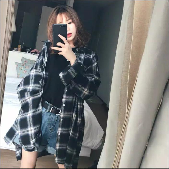 BAJU WANITA RETRO KOREA KEMEJA KOTAK-KOTAK JAKET LENGAN PANJANG ATASAN