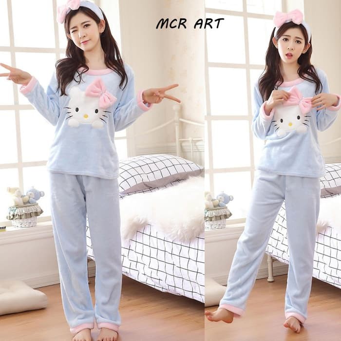 Pajamas - Daster - Piyama Sthk338 - Setelan Piyama Bludru Hello Kitty Face Ribbon Blue Produk
