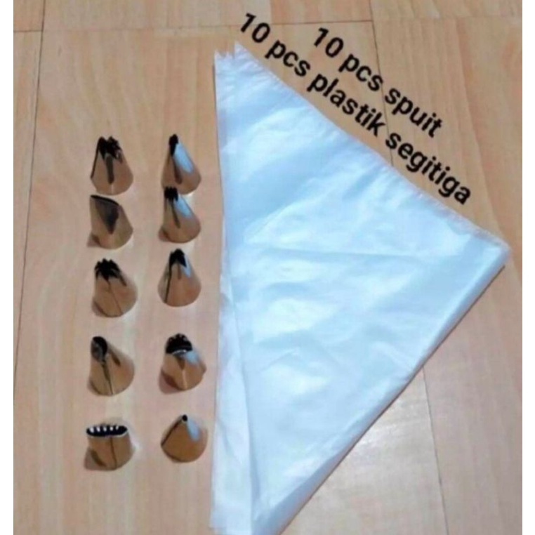 10 pcs spuit dan 10 pcs plastik segitiga/Spuit dekorasi kue/Spuit penghias kue/Papping bag/plastik segitiga/Alat hias kue