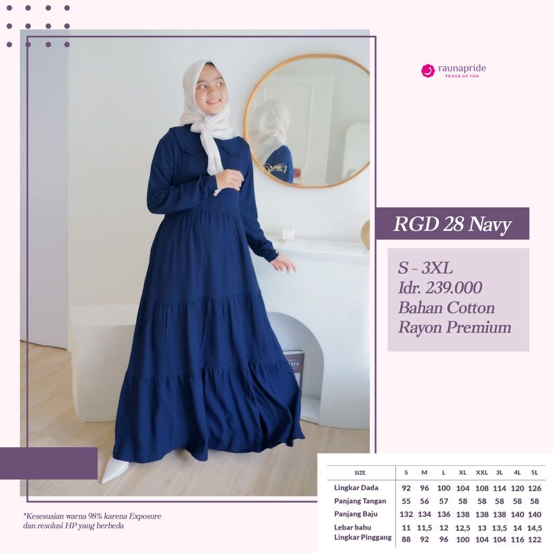 PROMO Gamis rauna RGD 28 Navy, rgd 28 dark grey, rgd 28 milo, rgd 28 mocca, rgd 28 wardah, rgd 28 re