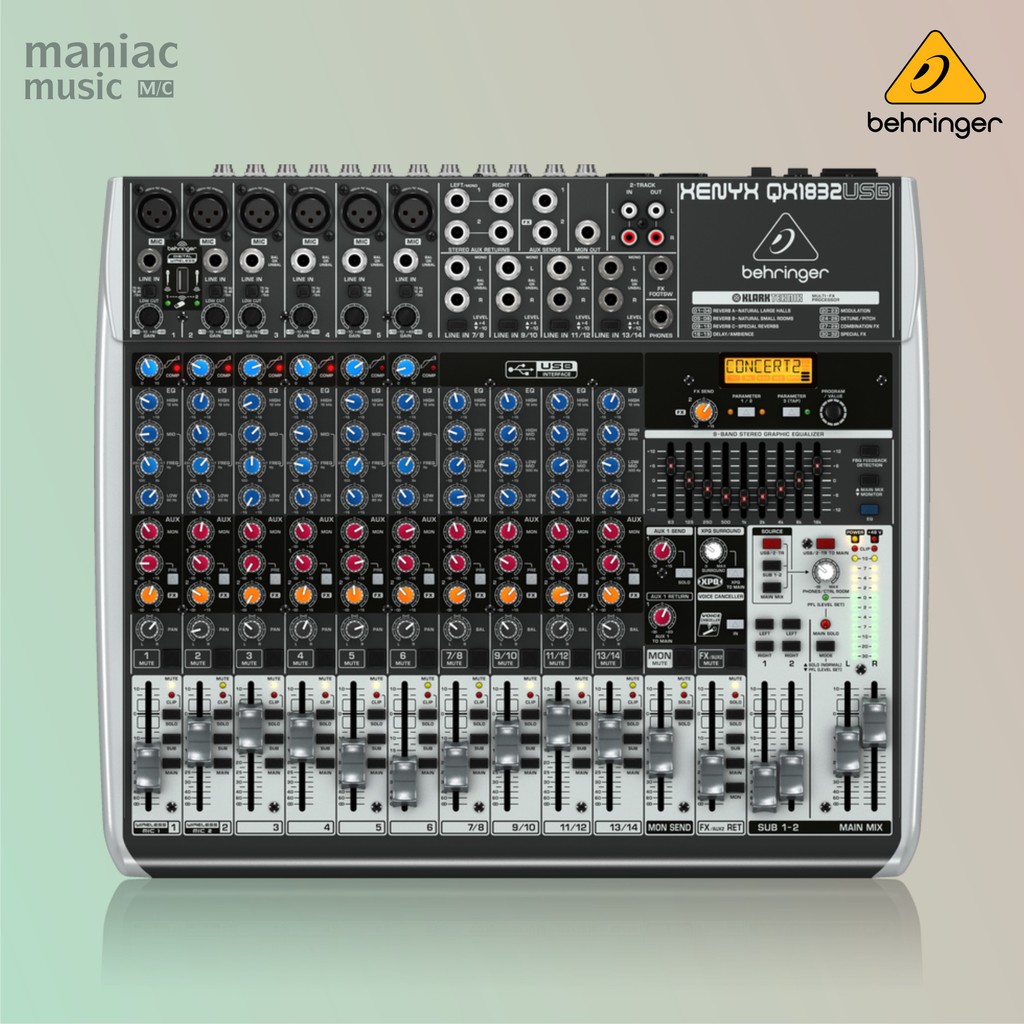 Behringer QX1832USB - Mixer Sedang Premium, Soundcard Recording, Multi Efek KLARK TEKNIK, 18-Input
