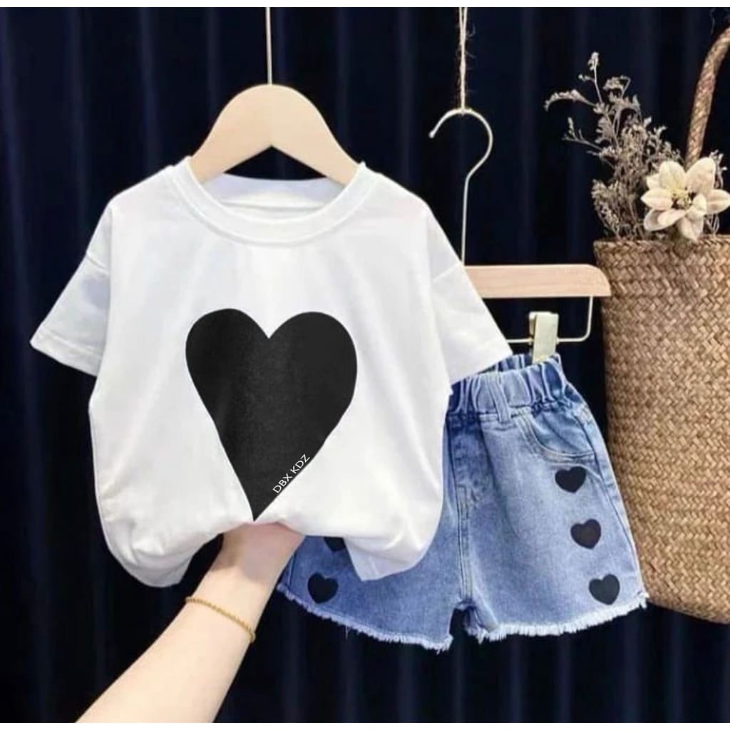 PROMO SETELAN BAJU ANAK PEREMPUAN MOTIF LOVE CELANA DENIM 1-5 TAHUN