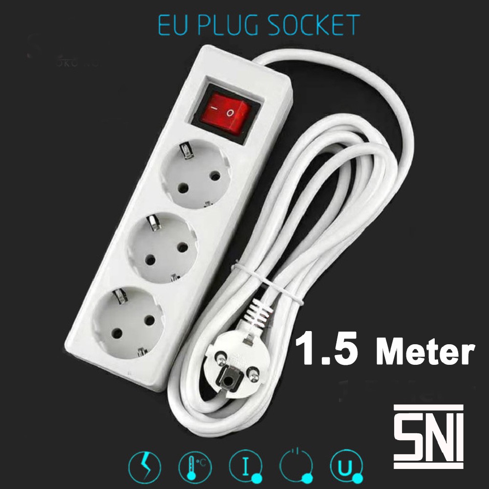 STOP KONTAK + KABEL 3/4 LUBANG 1.5M 3M 5M COLOKAN LISTRIK EU PLUG