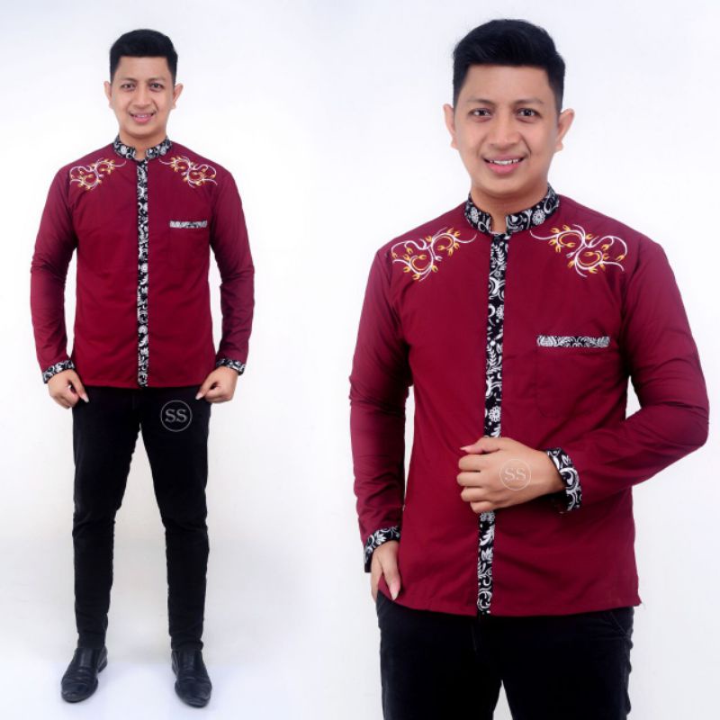 Baju Batik Pria Kombinasi Polos koko