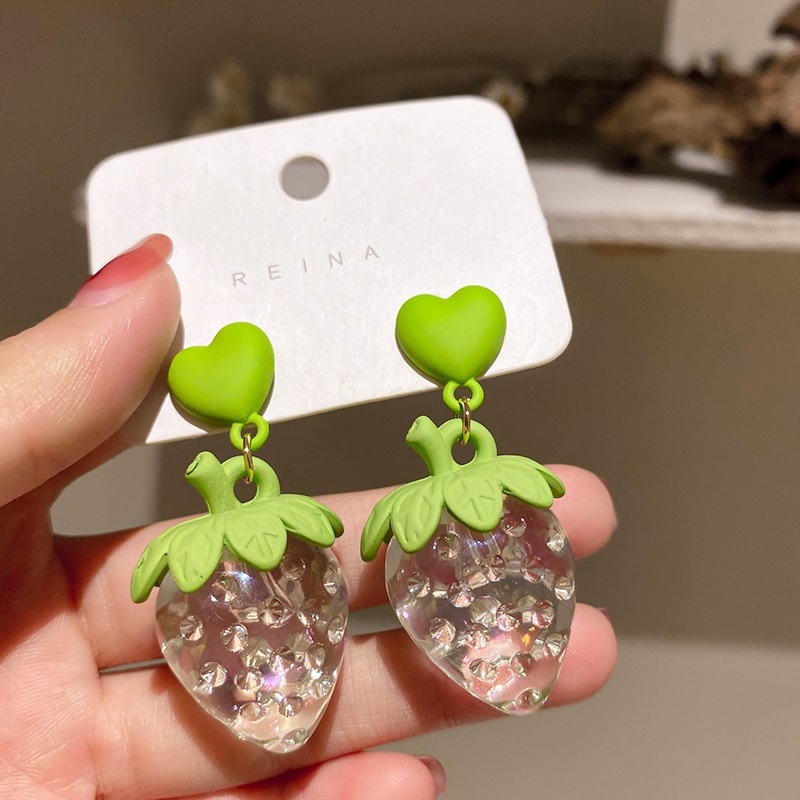 Korea 925 Silver Fashion Exaggerated Personality Green Love Strawberry Fresh and Sweet Earrings