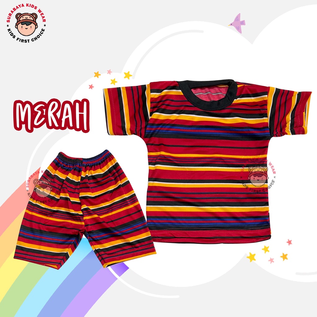 Setelan Kaos Anak Lengan Pendek Salur Warna Rainbow