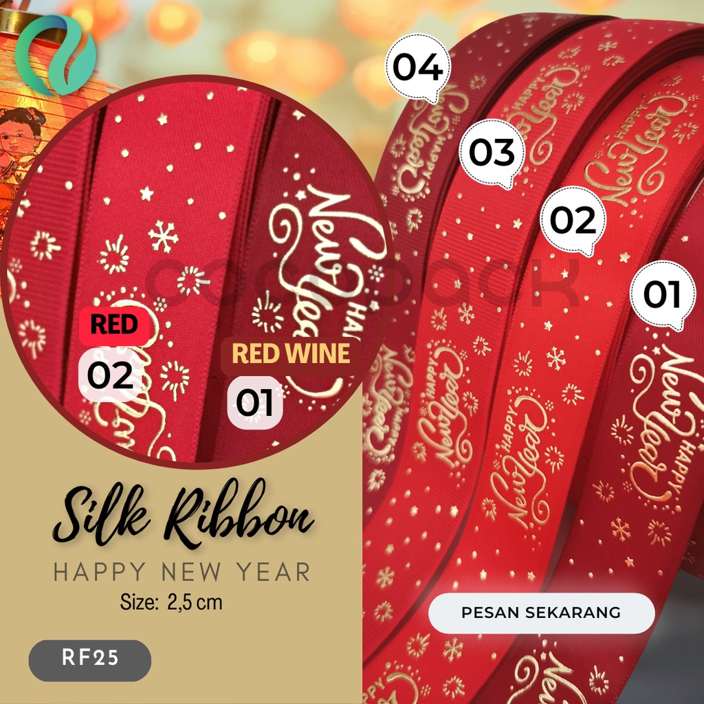 

Pita Kain Imlek Satin Silk Grosgrain Happy New Year Red Gold 10 Yard