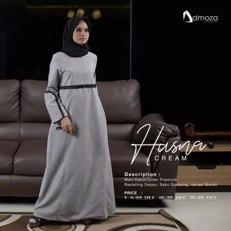 Damoza Husna,Gamis Husna krem/grey,gamis cantik busuiga
