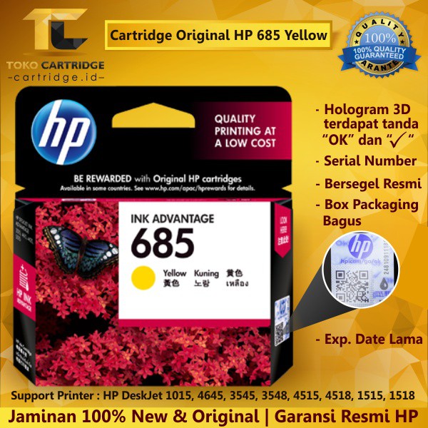 Cartridge HP 685 Yellow Original Ink Catridge Tinta Kuning Printer CZ124AA 4615 4625 3525 5525 6525