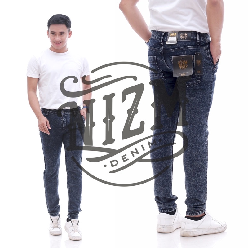 NIZMDENIM CELANA JEANS PRIA HITAM PENSIL SNOW BLACK / SNOW LIGHT ACID / STRECTH NGARET MELAR