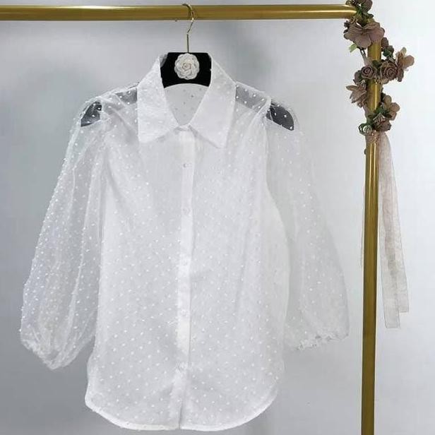 Kimberly Loose Shirt Kemeja Transparan Blouse Wanita Sheer Top Import - Putih