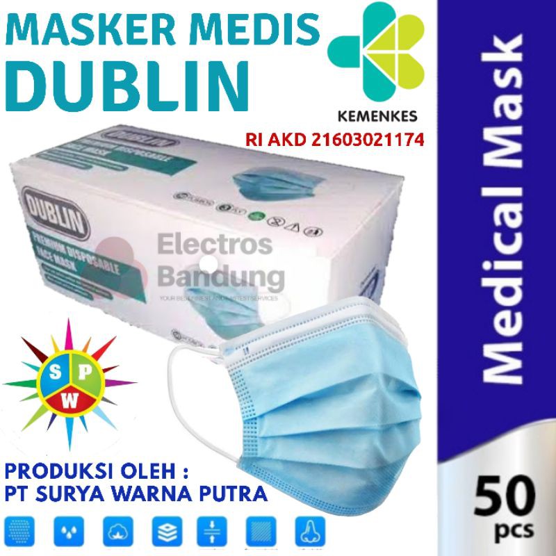 Masker Medis Dublin 3 Ply Isi 50pcs Masker Bedah Premium Kemenkes RI AKD - Surgical Face Mask