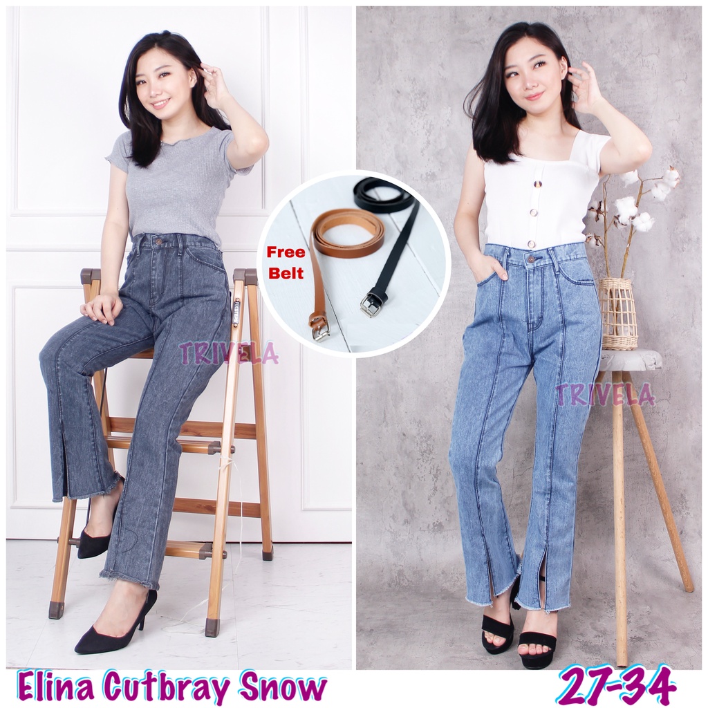 TRIVELA (FREE BELT) - Celana Jeans Wanita / Celana Jeans Wanita Cutbray Belah / Celana Jeans Boyfriend Elina Jumbo