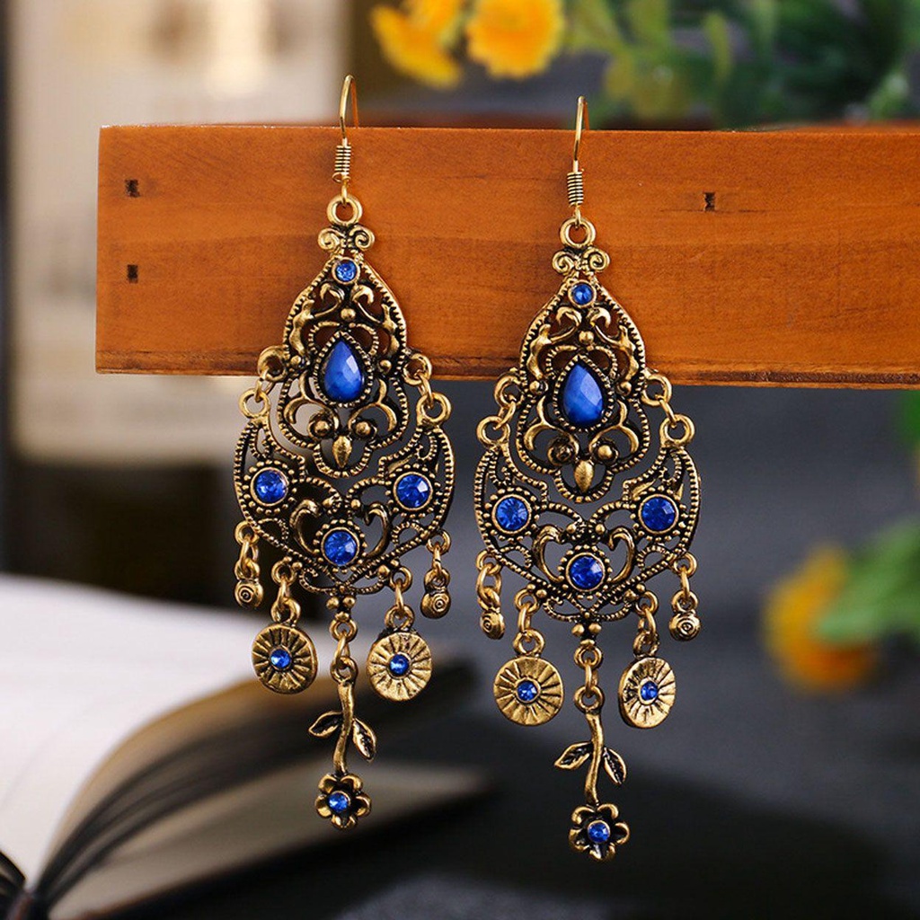 R-flower Earrings 2021hiasan India Berlian Imitasi Anting Menjuntai Panjang Vintage Alloy