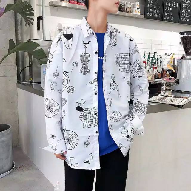 Kemeja Lengan Panjang Longgar Motif Print Kartun untuk Pria