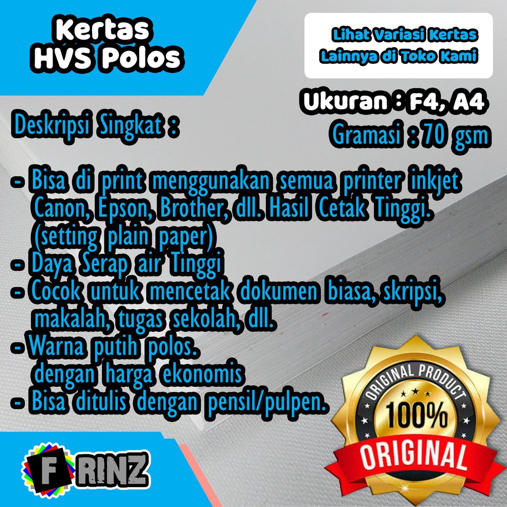 

Kertas HVS 70 Gram Putih Polos F4 A4 / Kertas Tulis HVS White HQ 70 Gsm