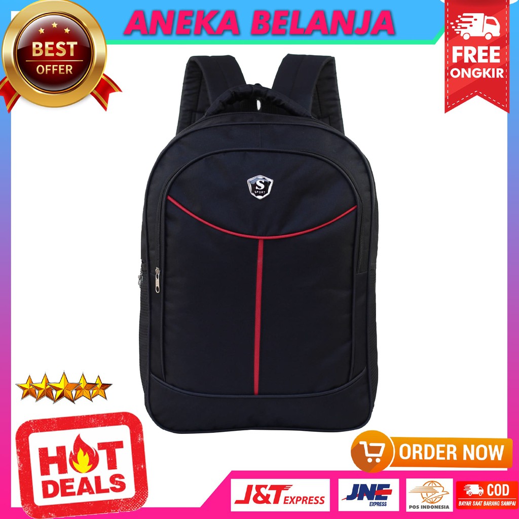 Tas Punggung Cowok Model Sport Warna Hitam Garis Tengah Merah SD SMP SMA Ransel Pria Multifungsi Kuliah Kerja Hangout Bahan Awet tebal Harga Termurah Terlaris Berkualitas