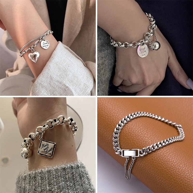 Gelang Tangan Rantai Lapis Silver 925 Motif Love Forever Vintage Untuk Wanita