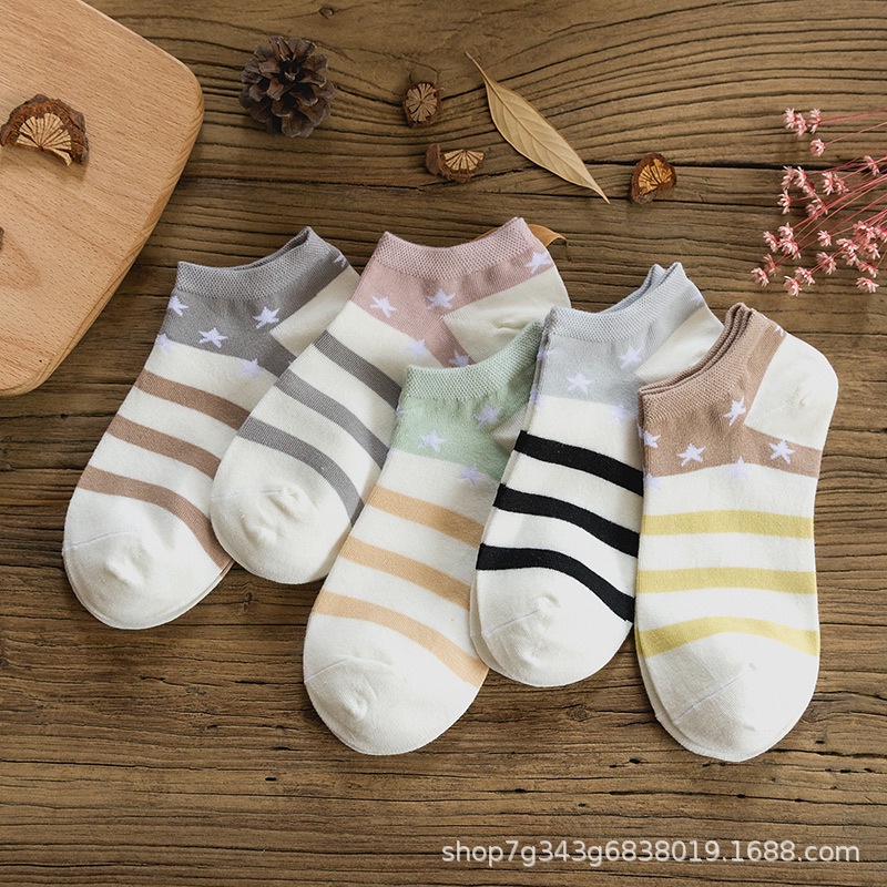 Kaos Kaki Wanita Pendek Semata Kaki Motif Bintang dan Garis Gaya Fashion Korea Kualitas Import