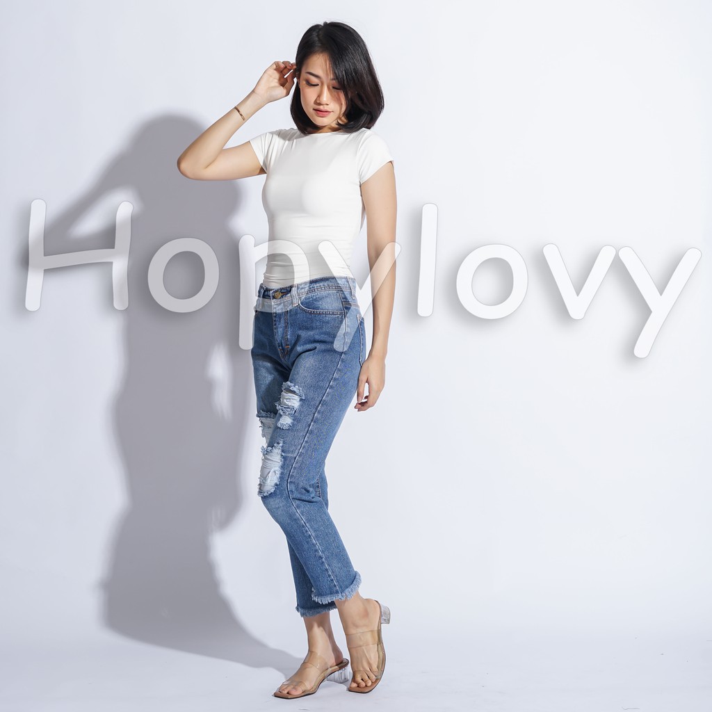 HOPYLOVY - Celana Boyfriend Ripped Jeans Wanita Rawis  Lucinna