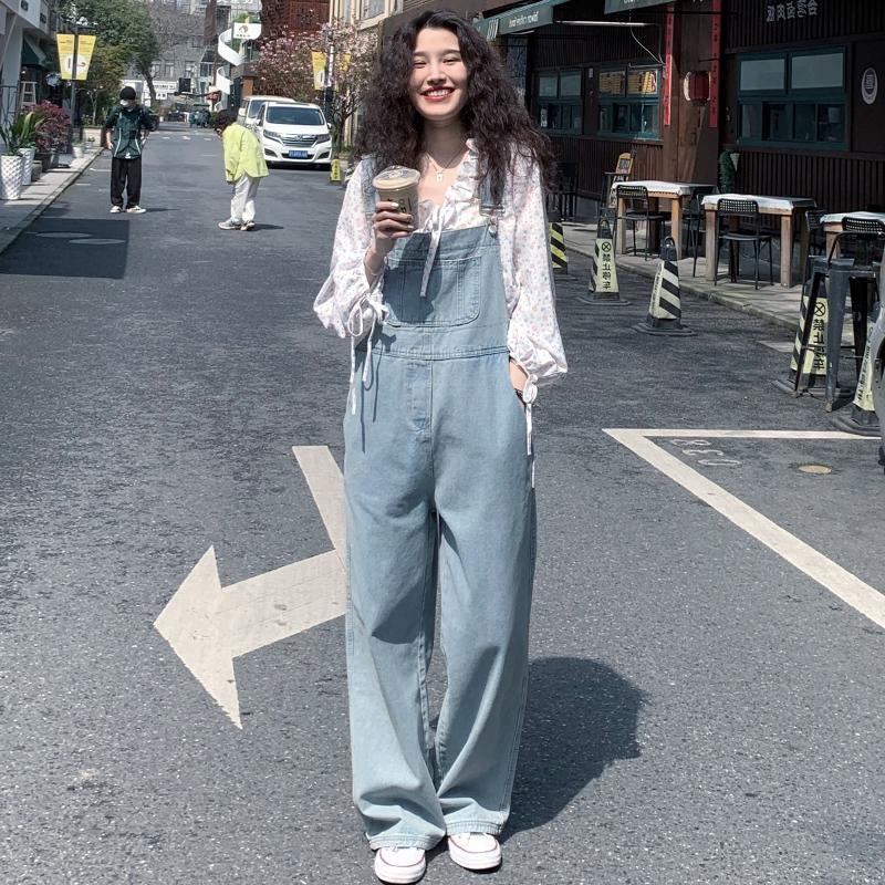 Overall denim merah bersih wanita musim gugur dan musim panas tipis versi Korea jumpsuit pel kaki le