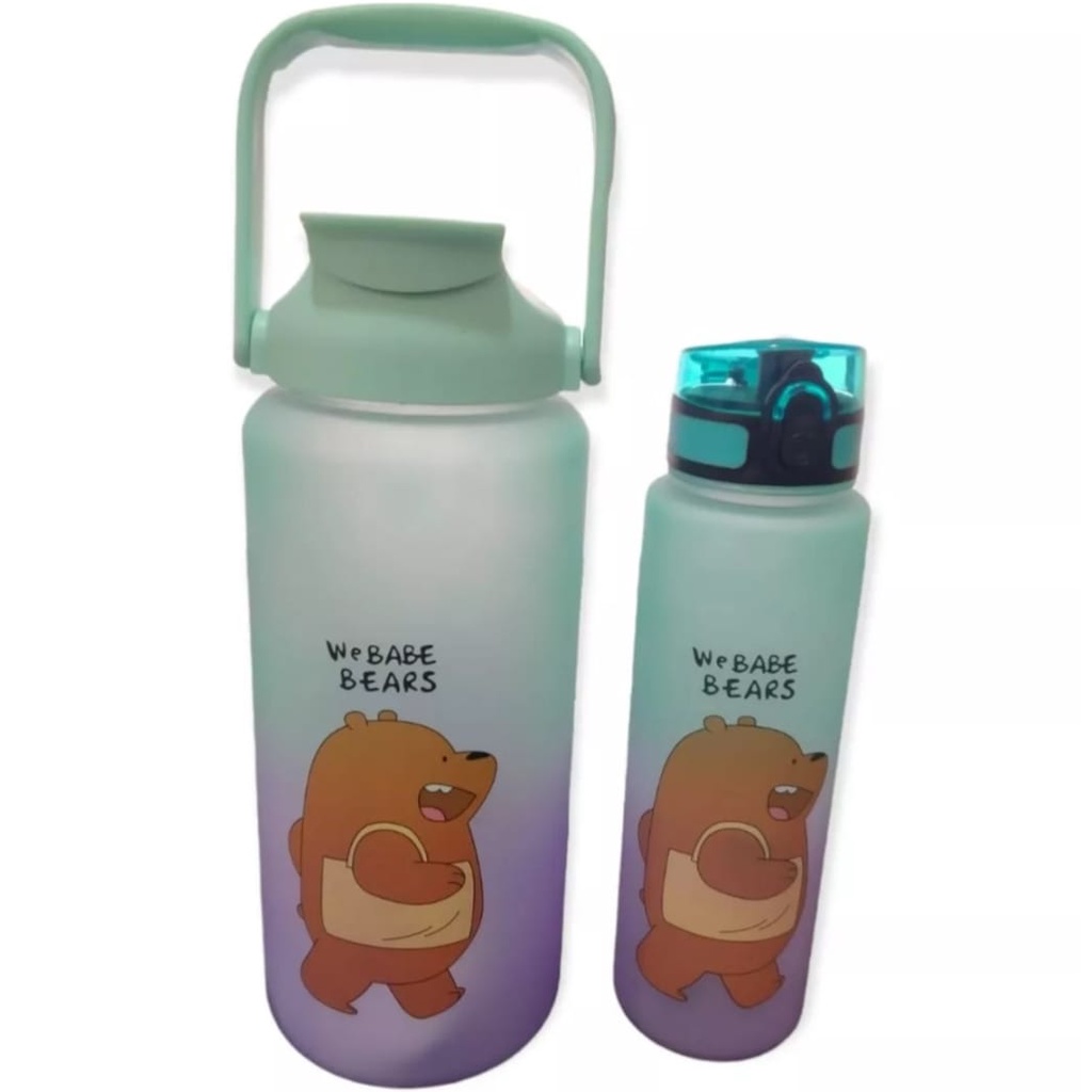 Botol Minuman We Babe Bears Free Sticker 2D &amp; 3D Food Grade Bebas BPA Ukuran 2 Liter &amp; 800ML-Botol Minum Viral Motivasi Dengan Penanda Waktu-Botol Couple Pasangan Gradasi Anti Bocor Awet Tahan Lama