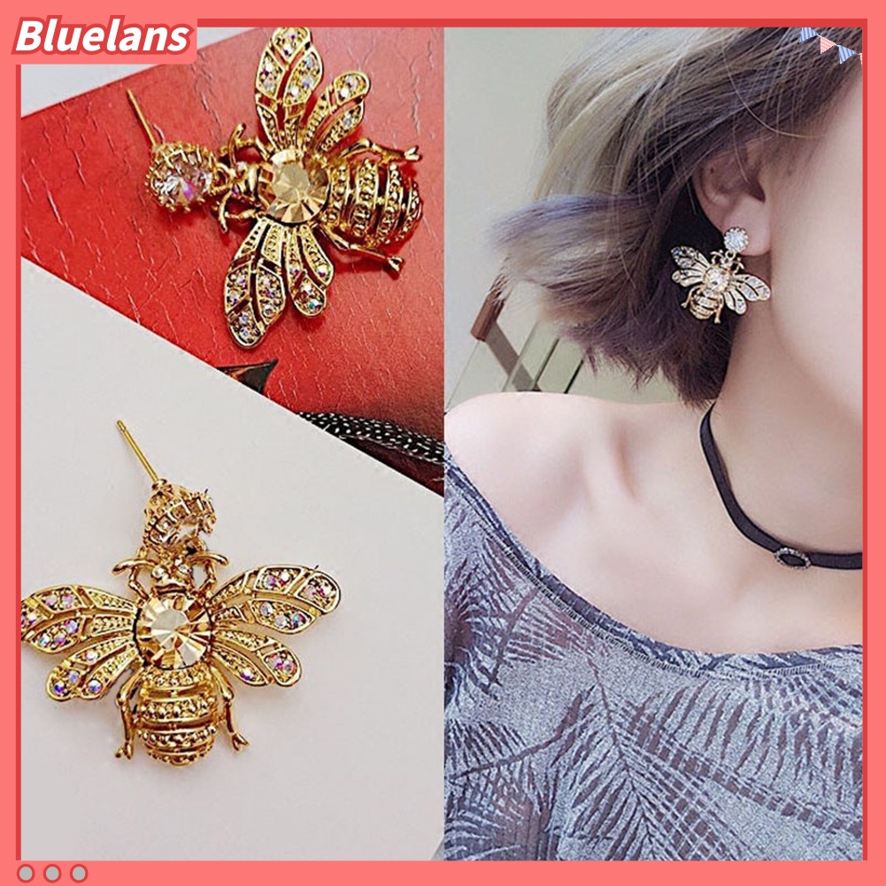 Bluelans Anting Stud Desain Lebah Madu Aksen Berlian Imitasi Untuk Wanita