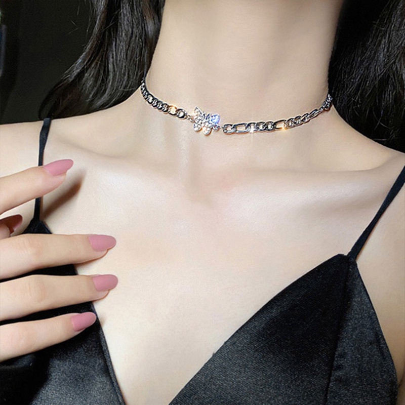Kalung Choker Clavicle Desain Kupu-Kupu Hias Berlian Gaya Mewah Slim Untuk Wanita