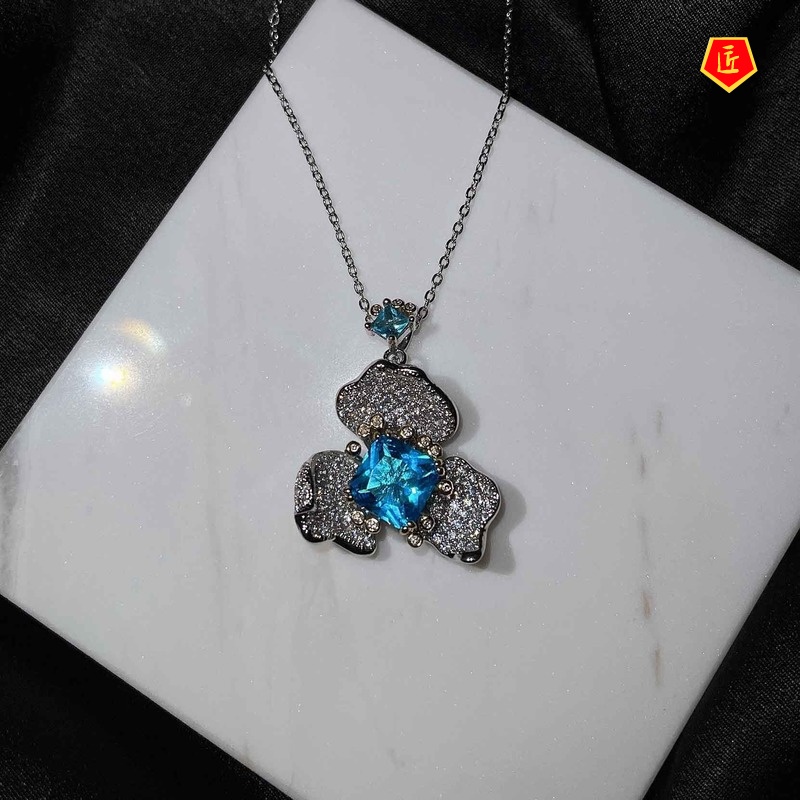 [Ready Stock]Jewelry Flower Stud Earrings Elegant Blue Topaz Ring Necklace Set