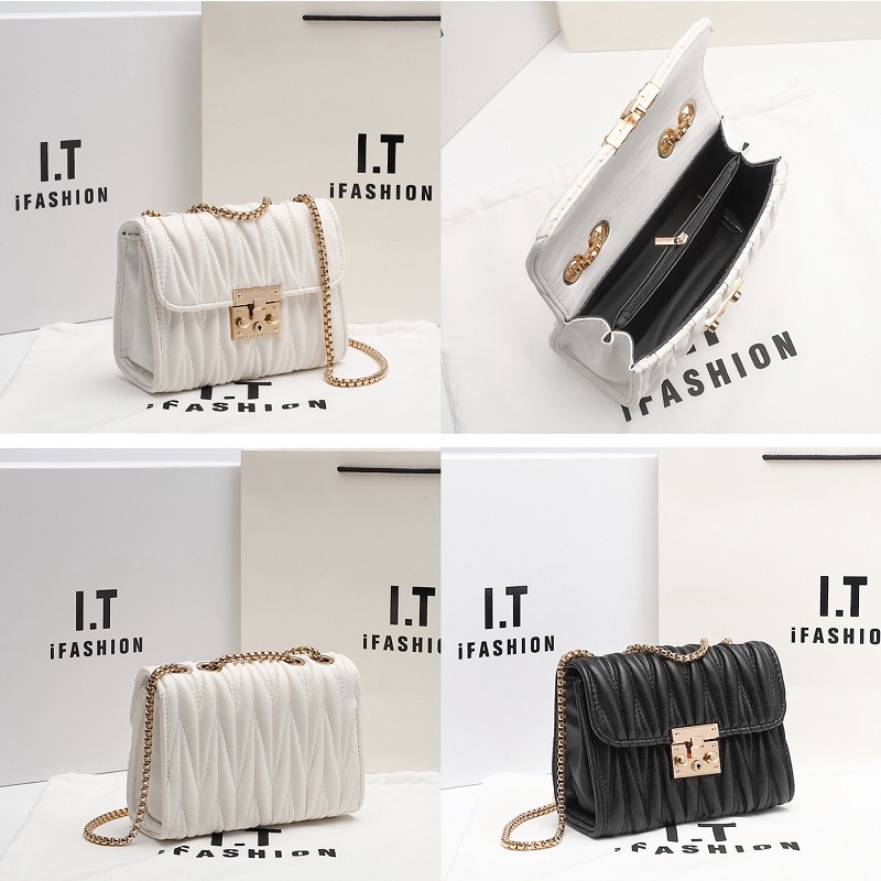 Tas Wanita Pesta Kulit HITAM/PUTI Premium Rantai KOREA Import Fashion Crossbody Shoulder Bags