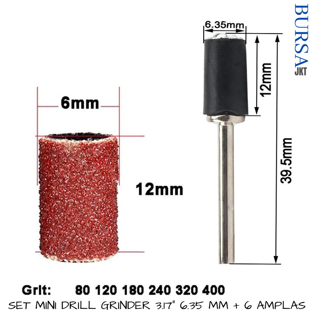 AMPLAS SHAFT DRUM CINCIN SANDING BULAT 6.35 MM SET 6 PC GRIT 80 - 400#